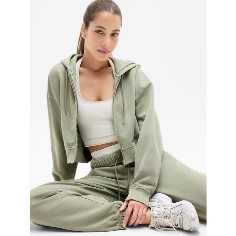 Athleta Forever Fleece Crop Full Zip Jacket Sage Green Eucalyptus Small S